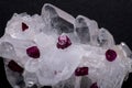 Top quality A grade small rough RUBY crystals from Tanzania on FADEN QUARTZ CLUSTER. Isolated on black Royalty Free Stock Photo