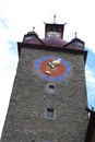 Top of Rathaus tower hall in Lucerne, Switzerland with the oldest city clock built by Hans Luter in 1535