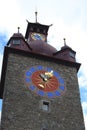 Top of Rathaus tower hall in Lucerne, Switzerland with the oldest city clock built by Hans Luter in 1535