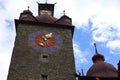 Top of Rathaus tower hall in Lucerne, Switzerland with the oldest city clock built by Hans Luter in 1535