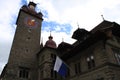 Top of Rathaus tower hall in Lucerne, Switzerland with the oldest city clock built by Hans Luter in 1535