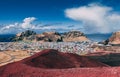 On the top of red lava ash volcano in Vestmannaeyjar, westman islands