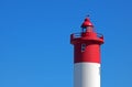 TOP OF RED AND WHITE LIGHTHOUSE AGAINST BLUE SKY Royalty Free Stock Photo