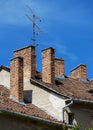 Top of roof with many chimneys and antenna Royalty Free Stock Photo