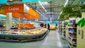 Top Russian Supermarket is one of largest players of retail industry in Russia. Shelves with fresh food and cheese. Grocery store Royalty Free Stock Photo