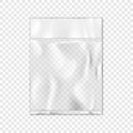 Top sealed clear vinyl pouch with white blank paper insert on transparent background vector mock-up. Empty square flat plastic bag