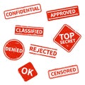 Top secret, rejected, approved, classified, confidential, denied and censored red grunge business stamps isolated on