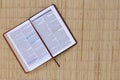 Top shot of an open Bible with highlighted verses on the wooden background