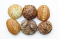 Top shot of rows of a traditional german assortment of bread on a white isolated background Royalty Free Stock Photo