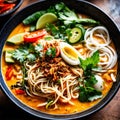 Top Shot Singaporean Laksa Served in a Bowl with Condiments. Generative Ai. Ai