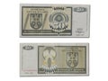 Top shot of two old Serbian Fifty Dinara bills isolated on a white background