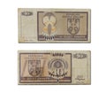 Top shot of two old Serbian Ten Dinara banknotes isolated on a white background