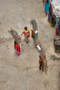 Top shot of women carrying wood sticks from trees over the head with sari or saree on a street in a town in india