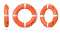 Top, side and perspective view of lifebuoy, isolated on a white background with shadow. 3d rendering set of three orange Royalty Free Stock Photo