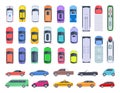 Top side view cars. Auto transport, truck and car roof of vehicle transport. Public and privat transport vector set