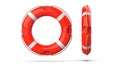 Top and side view of lifebuoy, isolated on a white background with shadow. 3d rendering set of two red life ring buoy.