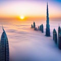 Top of skyscrapers building high above the clouds in the morning sunrise Futuristic architecture of metropolis city Peculiar