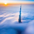 Top of skyscrapers building high above the clouds in the morning sunrise Futuristic architecture of metropolis city Peculiar