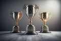 Top 3 spots winners trophies gold, silver and bronze in dark background. Created with Generative AI technology. Royalty Free Stock Photo