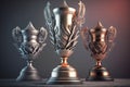 Top 3 spots winners trophies gold, silver and bronze in dark background. Created with Generative AI technology. Royalty Free Stock Photo