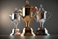 Top 3 spots winners trophies gold, silver and bronze in dark background. Created with Generative AI technology.