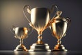 Top 3 spots winners trophies gold, silver and bronze in dark background. Created with Generative AI technology. Royalty Free Stock Photo