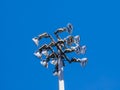 Top of stadium flood light tower on blue sky. Royalty Free Stock Photo