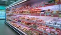 Top Supermarket - one of biggest retailer. Retail industry. Shelves with sausage and lunch meat products. Grocery shopping.