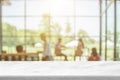 Top table with bokeh light blur restaurant. Marble empty table in front of blurred background. White marble granite over blur in Royalty Free Stock Photo