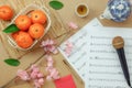 Top table view Chinese & Lunar new year with music sheet note paper concept