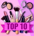 Top ten list of makeup products on pink and magenta background Royalty Free Stock Photo