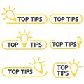 Top tips, helpful tricks outline icon set. Helpful idea, solution and trick illustration with light bulb. Editable stroke. Quick