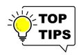Top Tips icon and Light bulb with sparkle rays shine. Idea sign thinking solution. Idea lamp tooltip trivia. Great idea badge.