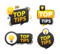 Top tips label set. light bulb. Top tips and tricks from experts in their field Royalty Free Stock Photo