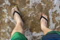 Top to bottom view of feet on the beach sand Royalty Free Stock Photo