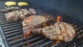 top to side view pan of beef cuts and cheeseburgers on a flaming gas grill in a holiday backyard