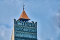 Telephoto view of the top of the tower at Bran medieval castle in Transylvania Romania