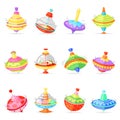 Top toy vector kids whirligig humming spinner colorful spinning playing game illustration set of cartoon childish twirl