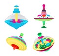 Top toy vector kids whirligig humming spinner colorful spinning playing game with peg-top character illustration set of