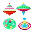 Top toy vector kids whirligig humming spinner colorful spinning playing game with peg-top character illustration set of