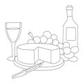 Top vector image, bottle of wine with glass, bunch of grapes and piece of cheese on plate with cheese cutting knife. sketch of