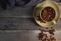 Black coffee seed for morning menu in brown ceramic cup with coffee beans roasted Royalty Free Stock Photo