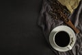 Top view above of Black hot fresh coffee in a white ceramic cup with coffee beans roasted in burlap sack bag Royalty Free Stock Photo