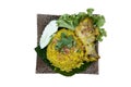Top view of above of Chicken Biryani or Chicken with Yellow Rice foods. Royalty Free Stock Photo
