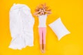 Top view above high angle flat lay flatlay lie concept view of her she nice attractive lovely worried girl in bed Royalty Free Stock Photo