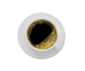 Top view, above from of Hot fresh black coffee with milk foam for breakfast menu in white ceramic cup with white plate isolated on Royalty Free Stock Photo