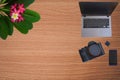 Top view above of notebook, cameras, mobile phone and memory cards Royalty Free Stock Photo