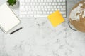 Top view above of office desk table with keyboard computer and book and World globe. Business and finance concept. Workplace. Flat Royalty Free Stock Photo