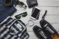 Top view accessoires to travel with man clothing. Royalty Free Stock Photo