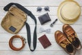 Top view accessories to travel with man clothing concept.